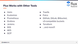 11
11
● Helm
● Kustomize
● Prometheus
● Grafana
● Jenkins
● EKS
● AKS
● GCP
Flux Works with Other Tools
● Traeﬁk
● Falco
● GitHub, GitLab, Bitbucket,
s3-compatible buckets
● Terraform
● …and more!!!
ﬂuxcd.io
 