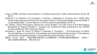 © ITRI. 工業技術研究院著作 26
Fung, A. (2006). Varieties of participation in complex governance. Public administration review, 66,
66-75.
Goodrich, K. A., Sjostrom, K. D., Vaughan, C., Nichols, L., Bednarek, A., & Lemos, M. C. (2020). Who
are boundary spanners and how can we support them in making knowledge more actionable in
sustainability fields?. Current Opinion in Environmental Sustainability, 42, 45-51.
Luo, Kailing. (2019). Participatory Democracy across Borders: The Case Study of the Participatory
Budgeting for Migrant Workers in Taoyuan City. Conference Paper presented at the TASPAA
Annual Conference 2019, Taichung, Taiwan.
Schneider, F., Giger, M., Harari, N., Moser, S., Oberlack, C., Providoli, I., ... & Zimmermann, A. (2019).
Transdisciplinary co-production of knowledge and sustainability transformations: Three generic
mechanisms of impact generation. Environmental science & policy, 102, 26-35.
羅凱凌、杜文苓。2021。〈知識共構作為能源民主化的重要途徑--以核廢料處理和溝通為例〉。發表於「
2021年臺灣社會學年會」,東吳大學,台北。
 