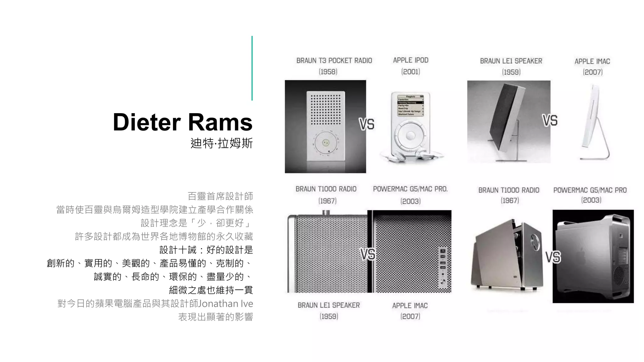 Dieter Rams
迪特·拉姆斯
百靈首席設計師
當時使百靈與烏爾姆造型學院建立產學合作關係
設計理念是「少，卻更好」
許多設計都成為世界各地博物館的永久收藏
設計十誡：好的設計是
創新的、實用的、美觀的、產品易懂的、克制的、
誠實的、長命的、環保的、盡量少的、
細微之處也維持一貫
對今日的蘋果電腦產品與其設計師Jonathan Ive
表現出顯著的影響
 