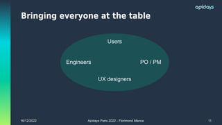 16/12/2022 Apidays Paris 2022 - Florimond Manca 11
Bringing everyone at the table
Users
🤝
Engineers
UX designers
PO / PM
 