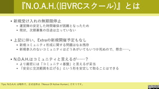 『N.O.A.H.(旧VRCスクール)』とは
• 新規受け入れの無期限停止
• 運営陣の安定した時間確保が困難となったため
• 現状、次期募集の目途は立っていない
• 上記に伴い、Extraの新規開催予定もなし
• 新規コミュニティ形成に関する問題はなお残存
• 新規参入のないコミュニティはどうあがいてもいつか死ぬので、懸念……。
• N.O.A.H.はコミュニティと言えるが……？
• より厳密には「コミュニティ基盤」と言えるが妥当
• 「安全に交流範囲を広げる」という形を安定して取ることはできる
Tips: N.O.A.H. は略称で、正式名称は「Nexus Of Active Human」だそうです。
 