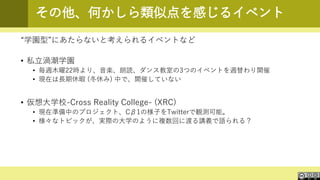 その他、何かしら類似点を感じるイベント
“学園型”にあたらないと考えられるイベントなど
• 私立渦潮学園
• 毎週木曜22時より、音楽、朗読、ダンス教室の3つのイベントを週替わり開催
• 現在は長期休暇 (冬休み) 中で、開催していない
• 仮想大学校-Cross Reality College- (XRC)
• 現在準備中のプロジェクト、Cβ1の様子をTwitterで観測可能。
• 様々なトピックが、実際の大学のように複数回に渡る講義で語られる？
 