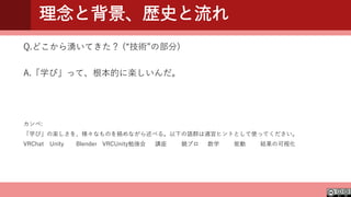 理念と背景、歴史と流れ
Q.どこから湧いてきた？ (“技術”の部分)
A.「学び」って、根本的に楽しいんだ。
カンペ:
「学び」の楽しさを、様々なものを絡めながら述べる。以下の語群は適宜ヒントとして使ってください。
VRChat Unity Blender VRCUnity勉強会 講座 競プロ 数学 能動 結果の可視化
 