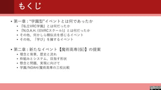 もくじ
• 第一章 : “学園型”イベントとは何であったか
• 『私立VRC学園』とは何だったか
• 『N.O.A.H. (旧VRCスクール)』とは何だったか
• その他、何かしら類似点を感じるイベント
• その他、「学び」を擁するイベント
• 第二章 : 新たなイベント【魔術高専(仮)】の提案
• 理念と背景、歴史と流れ
• 枠組みとシステム、目指す形状
• 懸念と問題、実現に向けて
• 学園/NOAH/魔術高専の三校比較
 