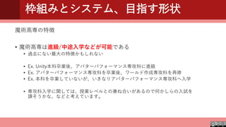 枠組みとシステム、目指す形状
魔術高専の特徴
• 魔術高専は進級/中途入学などが可能である
• 過去にない最大の特徴かもしれない
• Ex. Unity本科卒業後、アバターパフォーマンス専攻科に進級
• Ex. アバターパフォーマンス専攻科を卒業後、ワールド作成専攻科を再修
• Ex. 本科を卒業していないが、いきなりアバターパフォーマンス専攻科へ入学
• 専攻科入学に関しては、授業レベルとの兼ね合いがあるので何かしらの入試を
課そうかな、などと考えています。
 