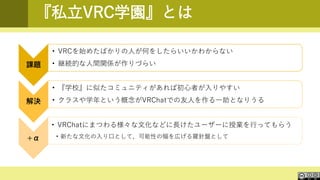 『私立VRC学園』とは
課題
• VRCを始めたばかりの人が何をしたらいいかわからない
• 継続的な人間関係が作りづらい
解決
• 『学校』に似たコミュニティがあれば初心者が入りやすい
• クラスや学年という概念がVRChatでの友人を作る一助となりうる
+α
• VRChatにまつわる様々な文化などに長けたユーザーに授業を行ってもらう
• 新たな文化の入り口として、可能性の幅を広げる羅針盤として
 