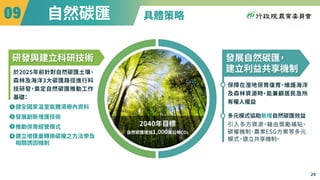 具體策略
自然碳匯
!#
����年目標
自然碳匯增加�,���萬公噸CO�
研發與建立科研技術
健全國家溫室氣體清冊內資料
發展創新增匯技術
推動保育經營模式
於����年前針對自然碳匯土壤
、
森林及海洋�大碳匯路徑進行科
技研發
，
奠定自然碳匯推動工作
基礎
：
建立增匯量轉換碳權之方法學及
相關誘因機制
�
�
�
�
發展自然碳匯
，
建立利益共享機制
保障在溼地保育復育
、
維護海洋
及森林資源時
，
能兼顧居民及所
有權人權益
多元模式協助新增自然碳匯效益
引入多方資源，藉由獎勵補貼、
碳權機制
、
農業ESG方案等多元
模式，
建立共享機制
。
29
 
