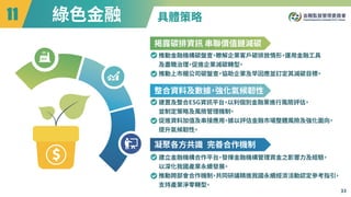 揭露碳排資訊 串聯價值鏈減碳
推動金融機構碳盤查
，
瞭解企業客戶碳排放情形
，
運用金融工具
及盡職治理
，
促進企業減碳轉型
。
推動上市櫃公司碳盤查
，
協助企業及早因應並訂定其減碳目標
。
具體策略
整合資料及數據
，
強化氣候韌性
建置及整合ESG資訊平台
，
以利個別金融業進行風險評估
，
並制定策略及風險管理機制
。
促進資料加值及串接應用
，
據以評估金融市場整體風險及強化面向
，
提升氣候韌性
。
凝聚各方共識 完善合作機制
建立金融機構合作平台
，
發揮金融機構管理資金之影響力及經驗
，
以深化我國產業永續發展
。
推動跨部會合作機制
，
共同研議精進我國永續經濟活動認定參考指引
，
支持產業淨零轉型
。
綠色金融
""
33
 