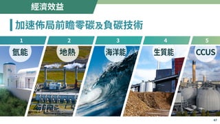 經濟效益
加速佈局前瞻零碳及負碳技術
氫能
�
地熱
�
海洋能
�
生質能
�
CCUS
�
� � � � �
47
 