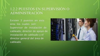 1.2.2 PUESTOS EN SUPERVISIÓN O
ADMINISTRACIÓN
Existen 3 puestos en esta
área los cuales son:
Supervisor de instalación de
cableado, director de apoyo de
instalación de cableado y el
director general del área de
cableado
 