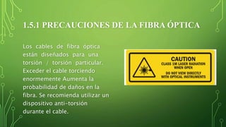 1.5.1 PRECAUCIONES DE LA FIBRA ÓPTICA
Los cables de fibra óptica
están diseñados para una
torsión / torsión particular.
Exceder el cable torciendo
enormemente Aumenta la
probabilidad de daños en la
fibra. Se recomienda utilizar un
dispositivo anti-torsión
durante el cable.
 