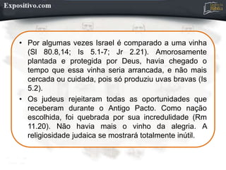 • Por algumas vezes Israel é comparado a uma vinha
(Sl 80.8,14; Is 5.1-7; Jr 2.21). Amorosamente
plantada e protegida por Deus, havia chegado o
tempo que essa vinha seria arrancada, e não mais
cercada ou cuidada, pois só produziu uvas bravas (Is
5.2).
• Os judeus rejeitaram todas as oportunidades que
receberam durante o Antigo Pacto. Como nação
escolhida, foi quebrada por sua incredulidade (Rm
11.20). Não havia mais o vinho da alegria. A
religiosidade judaica se mostrará totalmente inútil.
 
