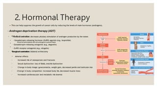 ▪
▪
- Gonadotropin-releasing antagonist (e.g., degarelix)
- GnRH receptor antagonist (e.g., relugolix)
◦ *Surgical castration: bilateral orchiectomy
•
◦
◦
◦
◦
◦
Adverse effects
- Increased risk of osteoporosis and fractures
- Sexual dysfunction: loss of libido, erectile dysfunction
- Change in body image: gynecomastia, weight gain, decreased penile and testicular size
-Change in body composition: increased body fat, decreased muscle mass
- Increased cardiovascular and metabolic risk Anemia
2. Hormonal Therapy
• This can help suppress the growth of cancer cells by reducing the levels of male hormones (androgens).
- Androgen deprivation therapy (ADT)
◦ *Medicalcastration: decreases pituitary stimulation of androgen production by the testes
▪ - Gonadotropin-releasing hormone (GnRH) agonists (e.g., leuprolide)
Should be administared with anti androgens to prevent flares
 