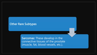 Other Rare Subtypes
Sarcomas: These develop in the
connective tissues of the prostate
(muscle, fat, blood vessels, etc.).
 