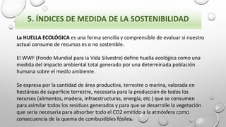 5. ÍNDICES DE MEDIDA DE LA SOSTENIBILIDAD
La HUELLA ECOLÓGICA es una forma sencilla y comprensible de evaluar si nuestro
actual consumo de recursos es o no sostenible.
El WWF (Fondo Mundial para la Vida Silvestre) define huella ecológica como una
medida del impacto ambiental total generado por una determinada población
humana sobre el medio ambiente.
Se expresa por la cantidad de área productiva, terrestre o marina, valorada en
hectáreas de superficie terrestre, necesaria para la producción de todos los
recursos (alimentos, madera, infraestructuras, energía, etc.) que se consumen
para asimilar todos los residuos generados y para que se desarrolle la vegetación
que sería necesaria para absorber todo el CO2 emitido a la atmósfera como
consecuencia de la quema de combustibles fósiles.
 