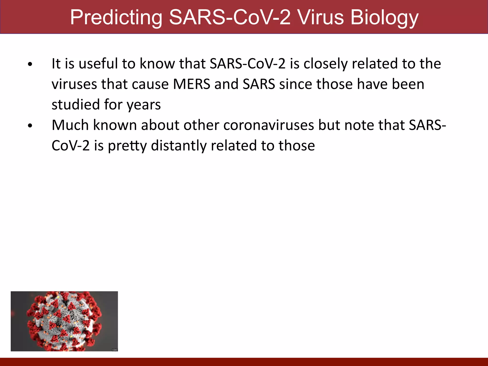 Predicting SARS-CoV-2 Virus Biology
• It is useful to know that SARS-CoV-2 is closely related to the
viruses that cause MERS and SARS since those have been
studied for years


• Much known about other coronaviruses but note that SARS-
CoV-2 is pre
tt
y distantly related to those
 