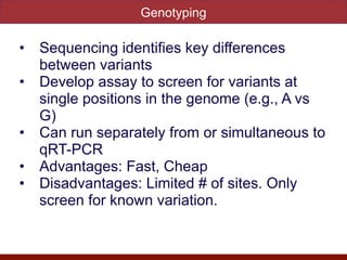 Genotyping
• Sequencing identifies key differences
between variants


• Develop assay to screen for variants at
single positions in the genome (e.g., A vs
G)


• Can run separately from or simultaneous to
qRT-PCR


• Advantages: Fast, Cheap


• Disadvantages: Limited # of sites. Only
screen for known variation.
 