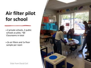 Air filter pilot
for school
•-2 private schools, 2 public
schools as pilot, ~60
Classrooms in total


•-2x air filters and 1x floor
sample per room


Slide from David Coil


 
