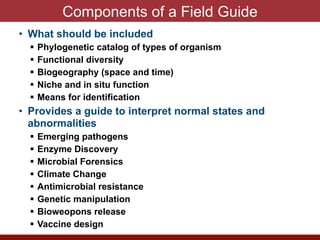 Components of a Field Guide
• What should be included


! Phylogenetic catalog of types of organism


! Functional diversity


! Biogeography (space and time)


! Niche and in situ function


! Means for identification


• Provides a guide to interpret normal states and
abnormalities


! Emerging pathogens


! Enzyme Discovery


! Microbial Forensics


! Climate Change


! Antimicrobial resistance


! Genetic manipulation


! Bioweopons release


! Vaccine design
 