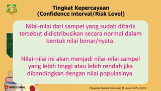 Tingkat Kepercayaan
(Confidence interval/Risk Level)
Apabila suatu populasi secara
berulang-ulang ditarik
sampel, maka nilai rata-rata
atribut yang diperoleh dari
sampel-sampel tersebut
sejajar dengan nilai populasi
yang sebenarnya.
Dasar:
Teorema Batas
Sentral (Central
Limit Theorem).
Pengantar Statistik Inferensial_M. Jainuri, S.Pd., M.Pd
Nilai-nilai dari sampel yang sudah ditarik
tersebut didistribusikan secara normal dalam
bentuk nilai benar/nyata.
Nilai-nilai ini akan menjadi nilai-nilai sampel
yang lebih tinggi atau lebih rendah jika
dibandingkan dengan nilai populasinya.
ORAGELO CHANNEL
 