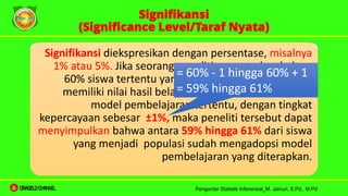 Signifikansi
(Significance Level/Taraf Nyata)
Signifikansi merupakan tingkat ketepatan
(presisi) terkait dengan kesalahan pengambilan
sampel (sampling error), dan merupakan
jangkauan di mana nilai populasi yang tepat
diperkirakan.
Signifikansi diekspresikan dengan persentase, misalnya
1% atau 5%. Jika seorang peneliti menemukan bahwa
60% siswa tertentu yang digunakan sebagai sampel
memiliki nilai hasil belajar bagus setelah diterapkan
model pembelajaran tertentu, dengan tingkat
kepercayaan sebesar ±1%, maka peneliti tersebut dapat
menyimpulkan bahwa antara 59% hingga 61% dari siswa
yang menjadi populasi sudah mengadopsi model
pembelajaran yang diterapkan.
= 60% - 1 hingga 60% + 1
= 59% hingga 61%
Pengantar Statistik Inferensial_M. Jainuri, S.Pd., M.Pd
ORAGELO CHANNEL
 