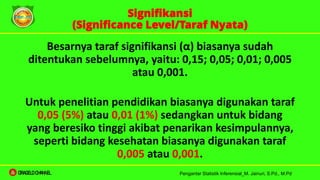 Besarnya taraf signifikansi (α) biasanya sudah
ditentukan sebelumnya, yaitu: 0,15; 0,05; 0,01; 0,005
atau 0,001.
Untuk penelitian pendidikan biasanya digunakan taraf
0,05 (5%) atau 0,01 (1%) sedangkan untuk bidang
yang beresiko tinggi akibat penarikan kesimpulannya,
seperti bidang kesehatan biasanya digunakan taraf
0,005 atau 0,001.
Signifikansi
(Significance Level/Taraf Nyata)
Pengantar Statistik Inferensial_M. Jainuri, S.Pd., M.Pd
ORAGELO CHANNEL
 