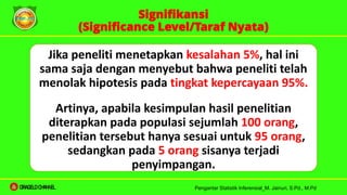 Jika peneliti menetapkan kesalahan 5%, hal ini
sama saja dengan menyebut bahwa peneliti telah
menolak hipotesis pada tingkat kepercayaan 95%.
Artinya, apabila kesimpulan hasil penelitian
diterapkan pada populasi sejumlah 100 orang,
penelitian tersebut hanya sesuai untuk 95 orang,
sedangkan pada 5 orang sisanya terjadi
penyimpangan.
Signifikansi
(Significance Level/Taraf Nyata)
Pengantar Statistik Inferensial_M. Jainuri, S.Pd., M.Pd
ORAGELO CHANNEL
 