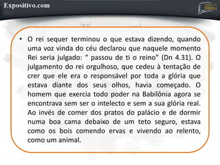 • O rei sequer terminou o que estava dizendo, quando
uma voz vinda do céu declarou que naquele momento
Rei seria julgado: “ passou de ti o reino” (Dn 4.31). O
julgamento do rei orgulhoso, que cedeu à tentação de
crer que ele era o responsável por toda a glória que
estava diante dos seus olhos, havia começado. O
homem que exercia todo poder na Babilônia agora se
encontrava sem ser o intelecto e sem a sua glória real.
Ao invés de comer dos pratos do palácio e de dormir
numa boa cama debaixo de um teto seguro, estava
como os bois comendo ervas e vivendo ao relento,
como um animal.
 