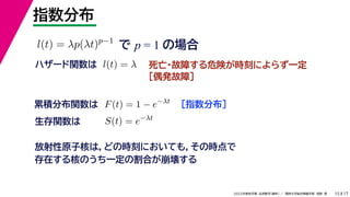 17
2022年度秋学期 応用数学（解析） ／ 関西大学総合情報学部 浅野 晃
指数分布
15
で p = 1 の場合
l(t) = λp(λt)p−1
死亡・故障する危険が時刻によらず一定
［偶発故障］
ハザード関数は l(t) = λ
［指数分布］
累積分布関数は F(t) = 1 − e−λt
S(t) = e−λt
生存関数は
放射性原子核は，どの時刻においても，その時点で
存在する核のうち一定の割合が崩壊する
 