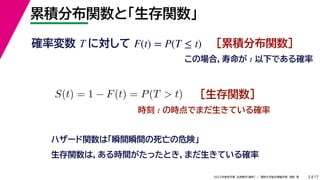 17
2022年度秋学期 応用数学（解析） ／ 関西大学総合情報学部 浅野 晃
累積分布関数と「生存関数」
5
時刻 t の時点でまだ生きている確率
ハザード関数は「瞬間瞬間の死亡の危険」
確率変数 T に対して ［累積分布関数］
F(t) = P(T ≤ t)
この場合，寿命が t 以下である確率
S(t) = 1 − F(t) = P(T > t) ［生存関数］
生存関数は，ある時間がたったとき，まだ生きている確率
 