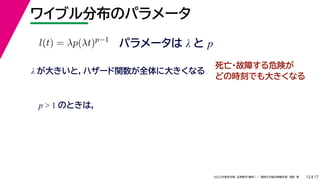 17
2022年度秋学期 応用数学（解析） ／ 関西大学総合情報学部 浅野 晃
ワイブル分布のパラメータ
12
パラメータは λ と p
l(t) = λp(λt)p−1
λ が大きいと，ハザード関数が全体に大きくなる
死亡・故障する危険が
どの時刻でも大きくなる
p  1 のときは，
 