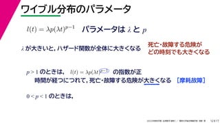17
2022年度秋学期 応用数学（解析） ／ 関西大学総合情報学部 浅野 晃
ワイブル分布のパラメータ
12
パラメータは λ と p
l(t) = λp(λt)p−1
λ が大きいと，ハザード関数が全体に大きくなる
死亡・故障する危険が
どの時刻でも大きくなる
p  1 のときは， l(t) = λp(λt)p−1
の指数が正
時間が経つにつれて，死亡・故障する危険が大きくなる ［摩耗故障］
0  p  1 のときは，
 