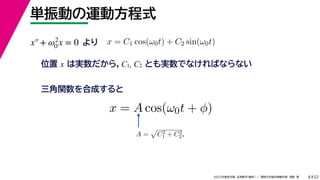 22
2022ѧ ѧ  vѧtѧ ǳҰ 
gӤ\ӷʽ
8
λ x όg飬C1, C2 ȤgǤʤФʤʤ
x = C1 cos(0t) + C2 sin(0t)

vϳɤ
x = A cos(0t + )
A =

C2
1 + C2
2 
x+ 2
0 x = 0
 