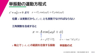22
2022ѧ ѧ  vѧtѧ ǳҰ 
gӤ\ӷʽ
8
λ x όg飬C1, C2 ȤgǤʤФʤʤ
x = C1 cos(0t) + C2 sin(0t)

vϳɤ
x = A cos(0t + )
A =

C2
1 + C2
2   = ? tan?1(C2/C1)
x SϤ [CA, A] ιͤ gӤʽ
x+ 2
0 x = 0
 