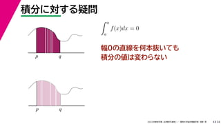 34
2022年度秋学期 応用数学（解析） ／ 関西大学総合情報学部 浅野 晃
積分に対する疑問
4
幅0の直線を何本抜いても
積分の値は変わらない
p q
 a
a
f(x)dx = 0
p q
 