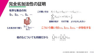 34
2022年度秋学期 応用数学（解析） ／ 関西大学総合情報学部 浅野 晃
完全劣加法性の証明
21
有界な集合の列
こういう覆い方I1(i), I2(i), I3(i), …が存在する
S1, S2, …, Si, …
I1(i)
I2(i)
I3(i) …
Siを長方形で覆う
Si ⊂ I1(i) ∪ I2(i) ∪ · · · ∪ In(i) ∪ . . .
∞

n=1
|In(i)|  m∗
(Si) +
ε
2i
その下限 よりも少し大きい
面積の和が
この覆い方は
他のSiについても同様だから
∞

i=1
Si ⊂
∞

i=1
∞

n=1
In(i)
 