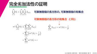 34
2022年度秋学期 応用数学（解析） ／ 関西大学総合情報学部 浅野 晃
完全劣加法性の証明
24
∞

i=1
Si ⊂
∞

i=1
∞

n=1
In(i) 可算無限個の長方形の，可算無限個の和集合
可算無限個の長方形の和集合 と同じ
m∗
(
∞

i=1
Si) 
∞

i=1
∞

n=1
|In(i)|

∞

i=1

m∗
(Si) +
ε
2i

=
∞

i=1
m∗
(Si) + ε
∞

n=1
|In(i)|  m∗
(Si) +
ε
2i
 
