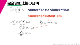 34
2022年度秋学期 応用数学（解析） ／ 関西大学総合情報学部 浅野 晃
完全劣加法性の証明
24
∞

i=1
Si ⊂
∞

i=1
∞

n=1
In(i) 可算無限個の長方形の，可算無限個の和集合
可算無限個の長方形の和集合 と同じ
m∗
(
∞

i=1
Si) 
∞

i=1
∞

n=1
|In(i)|

∞

i=1

m∗
(Si) +
ε
2i

=
∞

i=1
m∗
(Si) + ε
∞

n=1
|In(i)|  m∗
(Si) +
ε
2i
 