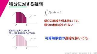 34
2022年度秋学期 応用数学（解析） ／ 関西大学総合情報学部 浅野 晃
積分に対する疑問
4
幅0の直線を何本抜いても
積分の値は変わらない
p q
 a
a
f(x)dx = 0
可算無限個の直線を抜いても
p q
どれだけ拡大してみても，
びっしりと直線がならんでいる
 