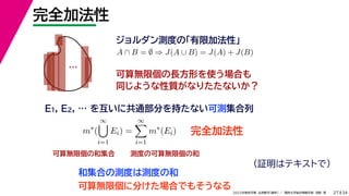34
2022年度秋学期 応用数学（解析） ／ 関西大学総合情報学部 浅野 晃
完全加法性
27
ジョルダン測度の「有限加法性」
…
A ∩ B = ∅ ⇒ J(A ∪ B) = J(A) + J(B)
可算無限個の長方形を使う場合も
同じような性質がなりたたないか？
完全加法性
可算無限個の和集合 測度の可算無限個の和
E1, E2, … を互いに共通部分を持たない可測集合列
m∗
(
∞

i=1
Ei) =
∞

i=1
m∗
(Ei)
可算無限個に分けた場合でもそうなる
和集合の測度は測度の和
（証明はテキストで）
 