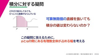 34
2022年度秋学期 応用数学（解析） ／ 関西大学総合情報学部 浅野 晃
積分に対する疑問
29
この疑問に答えるために，
pとqの間にある有理数全体が占める幅を考える
可算無限個の直線を抜いても
p q
どれだけ拡大してみても，
びっしりと直線がならんでいる
積分の値は変わらないのか？
 