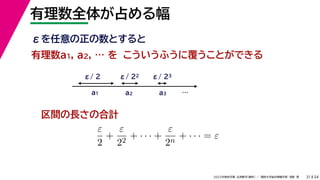 34
2022年度秋学期 応用数学（解析） ／ 関西大学総合情報学部 浅野 晃
有理数全体が占める幅
31
こういうふうに覆うことができる
区間の長さの合計
有理数a1, a2, … を
a1 a2 a3
ε/ 2 ε/ 22 ε/ 23
ε
2
+
ε
22
+ · · · +
ε
2n
+ · · · = ε
εを任意の正の数とすると
…
 