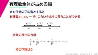 34
2022年度秋学期 応用数学（解析） ／ 関西大学総合情報学部 浅野 晃
有理数全体が占める幅
31
こういうふうに覆うことができる
区間の長さの合計
有理数a1, a2, … を
a1 a2 a3
ε/ 2 ε/ 22 ε/ 23
ε
2
+
ε
22
+ · · · +
ε
2n
+ · · · = ε
εを任意の正の数とすると
…
その下限は0
 