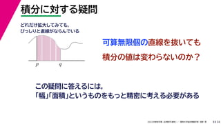 34
2022年度秋学期 応用数学（解析） ／ 関西大学総合情報学部 浅野 晃
積分に対する疑問
8
この疑問に答えるには，
「幅」「面積」というものをもっと精密に考える必要がある
可算無限個の直線を抜いても
p q
どれだけ拡大してみても，
びっしりと直線がならんでいる
積分の値は変わらないのか？
 