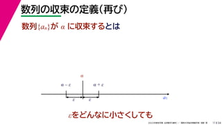 34
2022年度秋学期 応用数学（解析） ／ 関西大学総合情報学部 浅野 晃
数列の収束の定義（再び）
11
εをどんなに小さくしても
数列{an}が α に収束するとは
a1
α
α – ε α + ε
ε ε
 