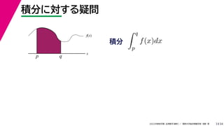 34
2022年度秋学期 応用数学（解析） ／ 関西大学総合情報学部 浅野 晃
積分に対する疑問
3
積分
f(x)
x
p q
分
 q
p
f(x)dx
 