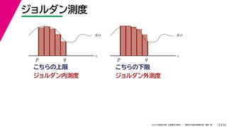 34
2022年度秋学期 応用数学（解析） ／ 関西大学総合情報学部 浅野 晃
ジョルダン測度
13
f(x)
x
p q
こちらの上限
f(x)
x
p q
ジョルダン内測度
こちらの下限
ジョルダン外測度
 