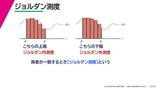 34
2022年度秋学期 応用数学（解析） ／ 関西大学総合情報学部 浅野 晃
ジョルダン測度
13
f(x)
x
p q
こちらの上限
f(x)
x
p q
ジョルダン内測度
こちらの下限
ジョルダン外測度
両者が一致するとき［ジョルダン測度］という
 