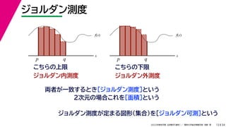 34
2022年度秋学期 応用数学（解析） ／ 関西大学総合情報学部 浅野 晃
ジョルダン測度
13
f(x)
x
p q
こちらの上限
f(x)
x
p q
ジョルダン内測度
こちらの下限
ジョルダン外測度
両者が一致するとき［ジョルダン測度］という
２次元の場合これを［面積］という
ジョルダン測度が定まる図形（集合）を［ジョルダン可測］という
 