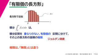 34
2022年度秋学期 応用数学（解析） ／ 関西大学総合情報学部 浅野 晃
「有限個の長方形」
17
積分 は，
分
 q
p
f(x)dx
f(x)
x
p
長方形で近似
q
積分区間を 重なりのない，有限個の 区間に分けて，
その上の長方形の面積の極限
ジョルダン測度
極限は，「無限」とは違う
 